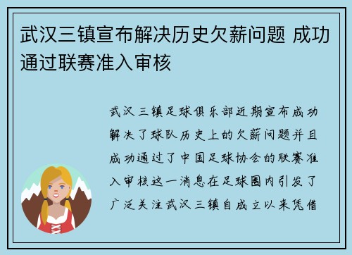 武汉三镇宣布解决历史欠薪问题 成功通过联赛准入审核