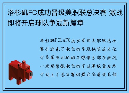 洛杉矶FC成功晋级美职联总决赛 激战即将开启球队争冠新篇章